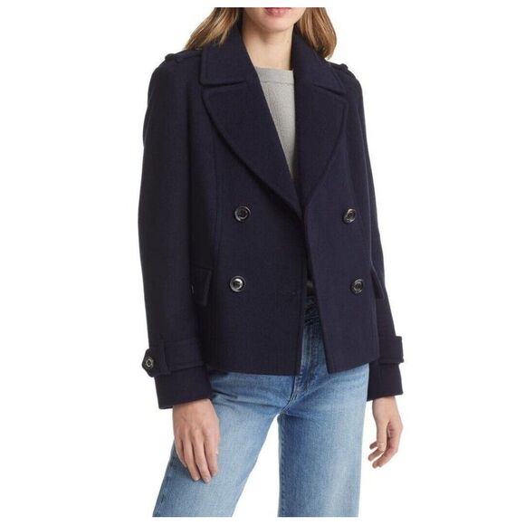 Sam Edelman Button‎ Front Double Breasted Wool Blend Peacoat Navy Size 10 NWOT - Picture 1 of 14